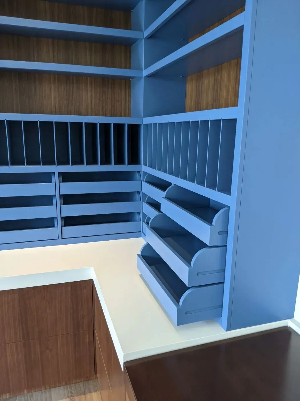 Office cabinetry in black walnut and bright blue