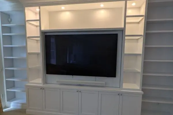 White media center with bookcases