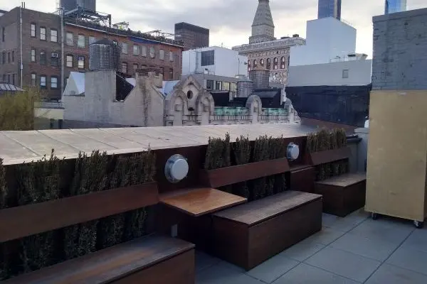 Outdoor planters, seating, and tables