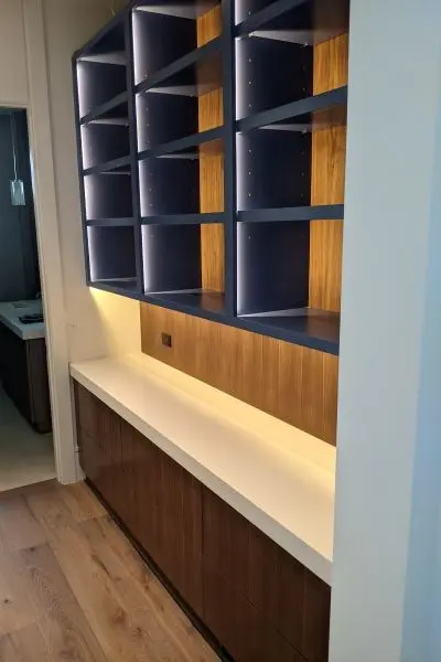 Blue office cabinet with teak wood
