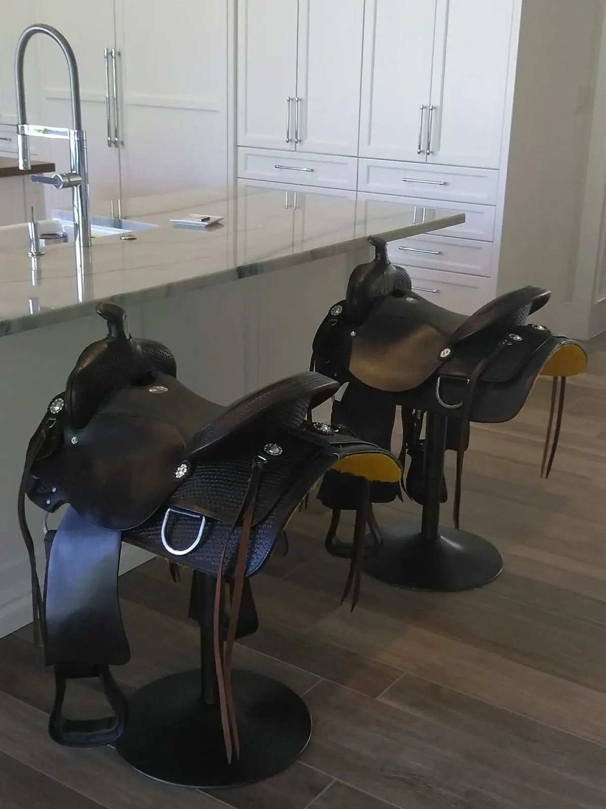 Custom bars stools with riding saddles