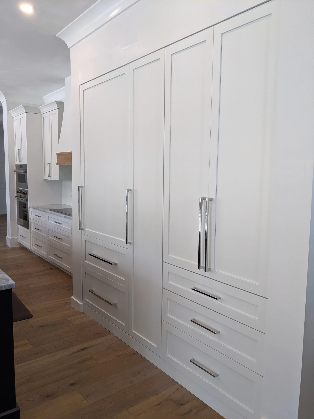 White kitchen with custom appliance panels